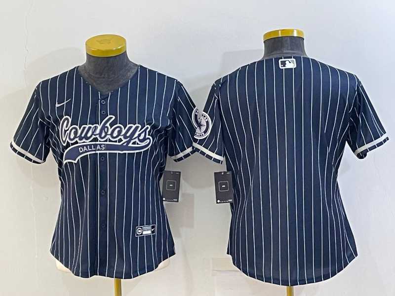 Womens Dallas Cowboys Blank Navy Blue Pinstripe With Patch Cool Base Stitched Baseball Jersey